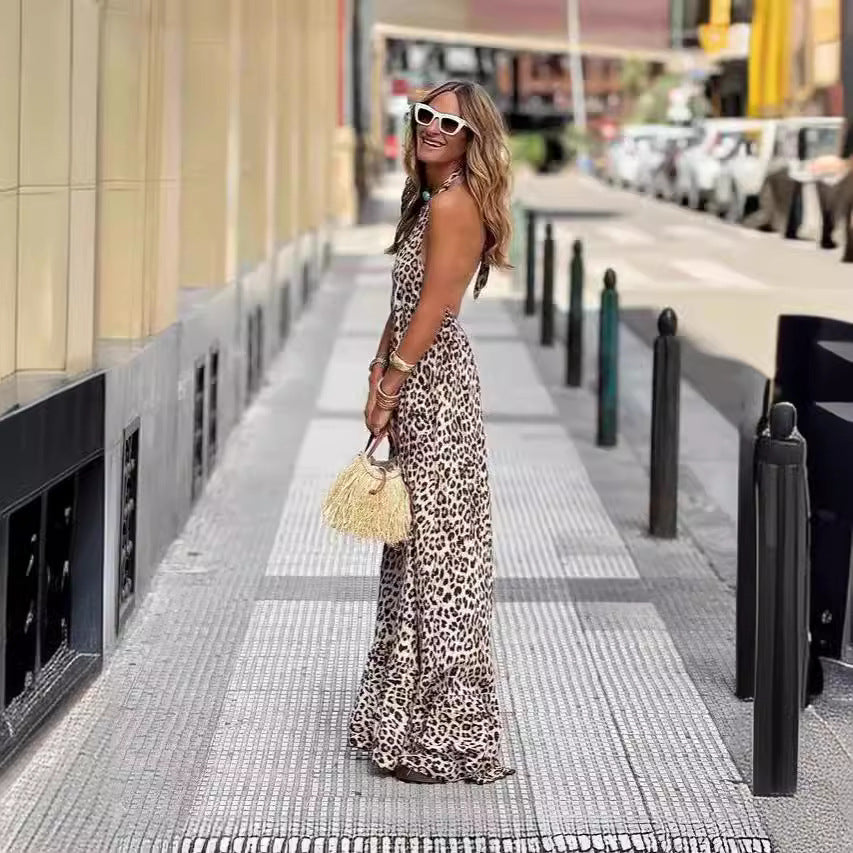 Dame Maxikjole med elegant leopardmønster og fransk kantnederdel Stilla