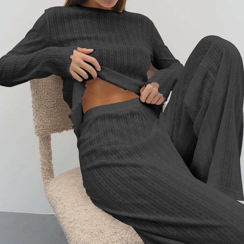 Dame Strik-Pyjama-Sæt med cropped top og vide ben Stilla