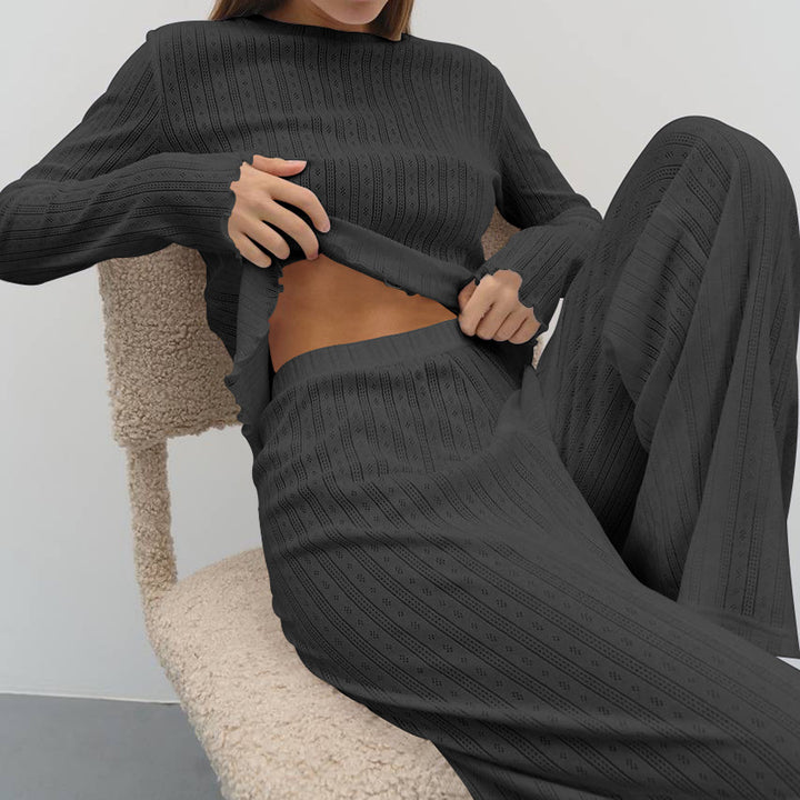 Dame Strik-Pyjama-Sæt med cropped top og vide ben Stilla