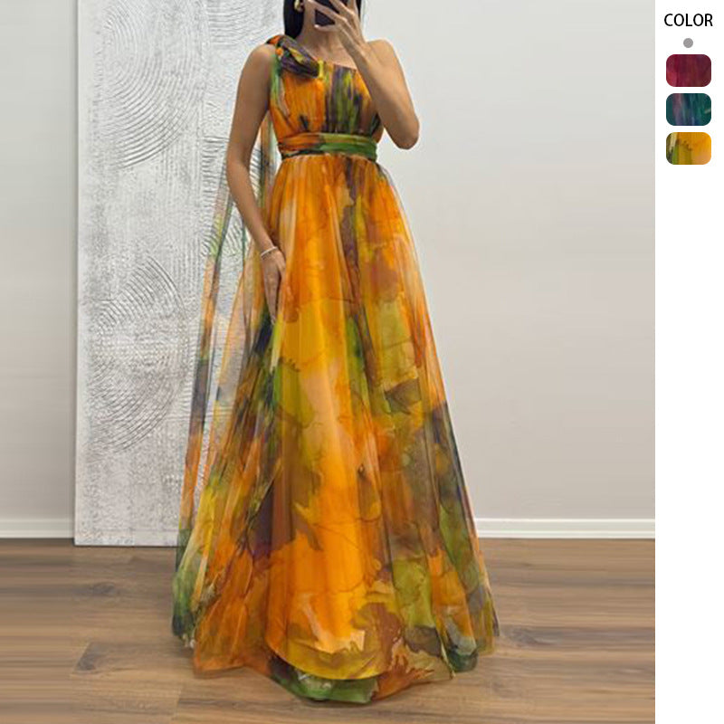 Dame festlig maxi kjole med gennemsigtige chiffon-overlæggere og fine flæse-design
