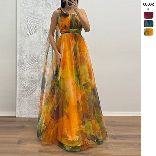 Dame festlig maxi kjole med gennemsigtige chiffon-overlæggere og fine flæse-design