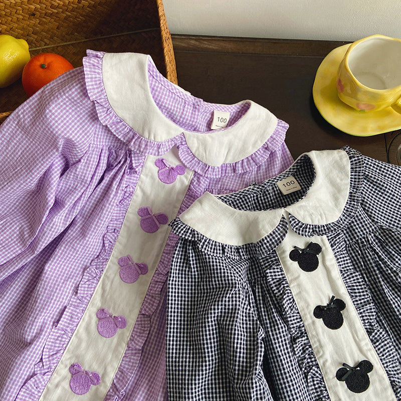 Pige vintage-inspireret gingham-kjole med kontrastfarvet krave Stilla