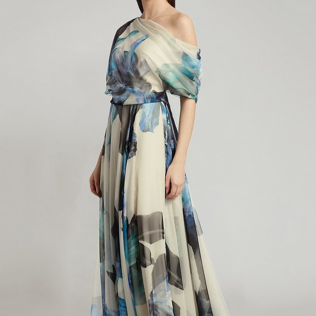 Kvinder elegant chiffon kjole med off-shoulder design og blomster mønster Skovae