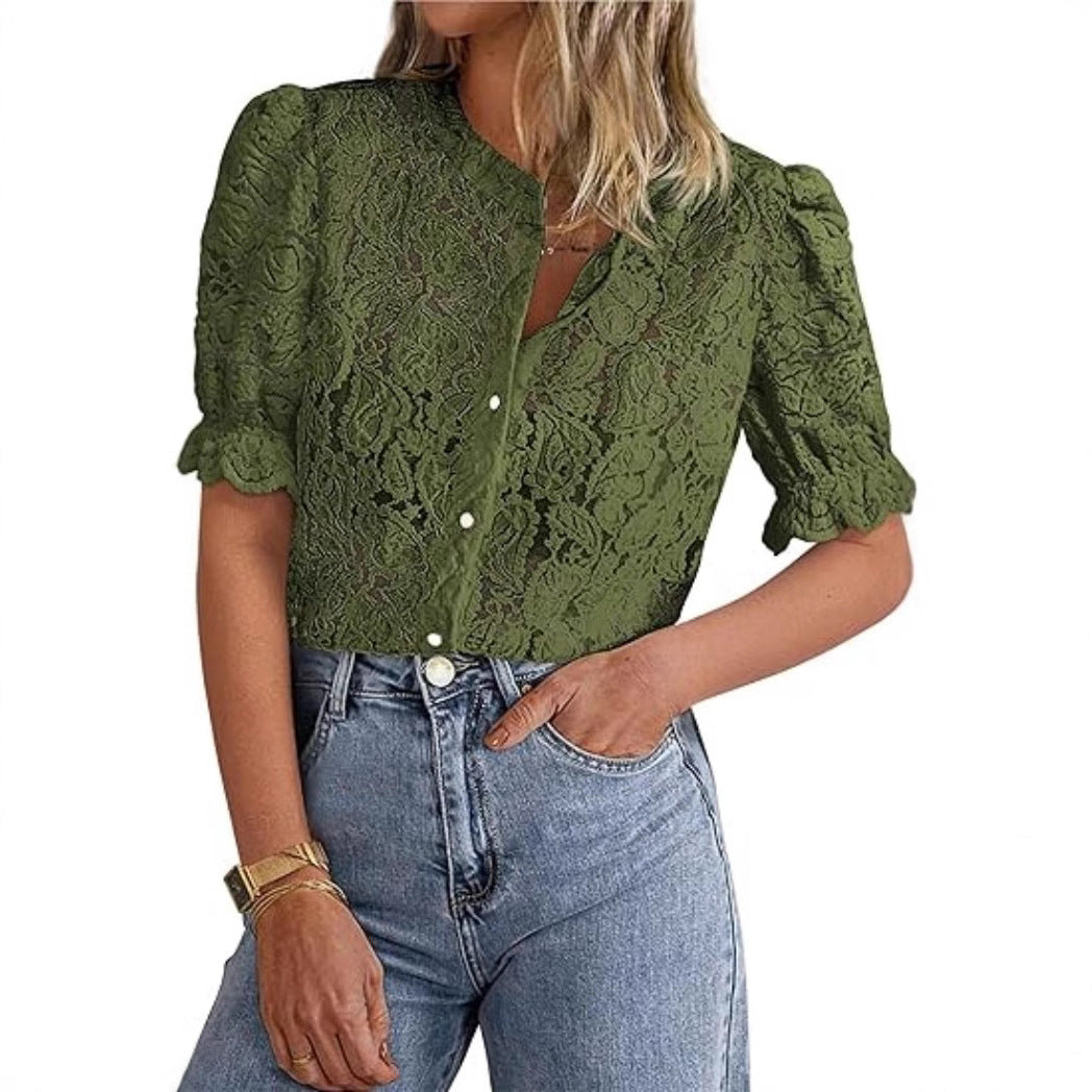 Dame spidsbluse med puffærmer Stilla