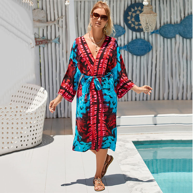 Dame elegant Strandkaftan med fri skæring og farverigt mønster Stilla
