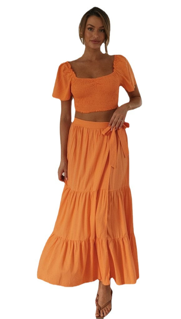 Kvinders Maxi Nederdel og Puffærmet Crop Top Sæt Stilla