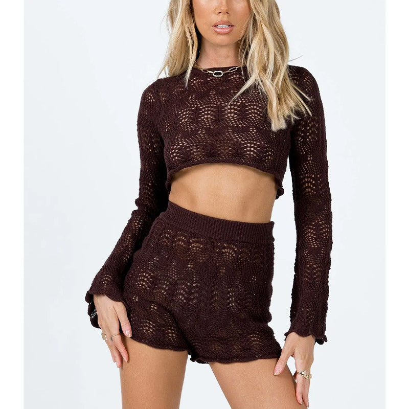 Dame elegant strik-crop-top og shorts sæt Skovae