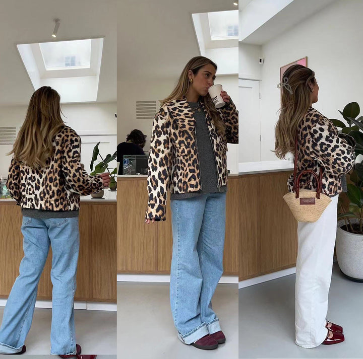 Kvinder Kort Leopardjakke i Urban Stil med Praktiske Lommer Stilla
