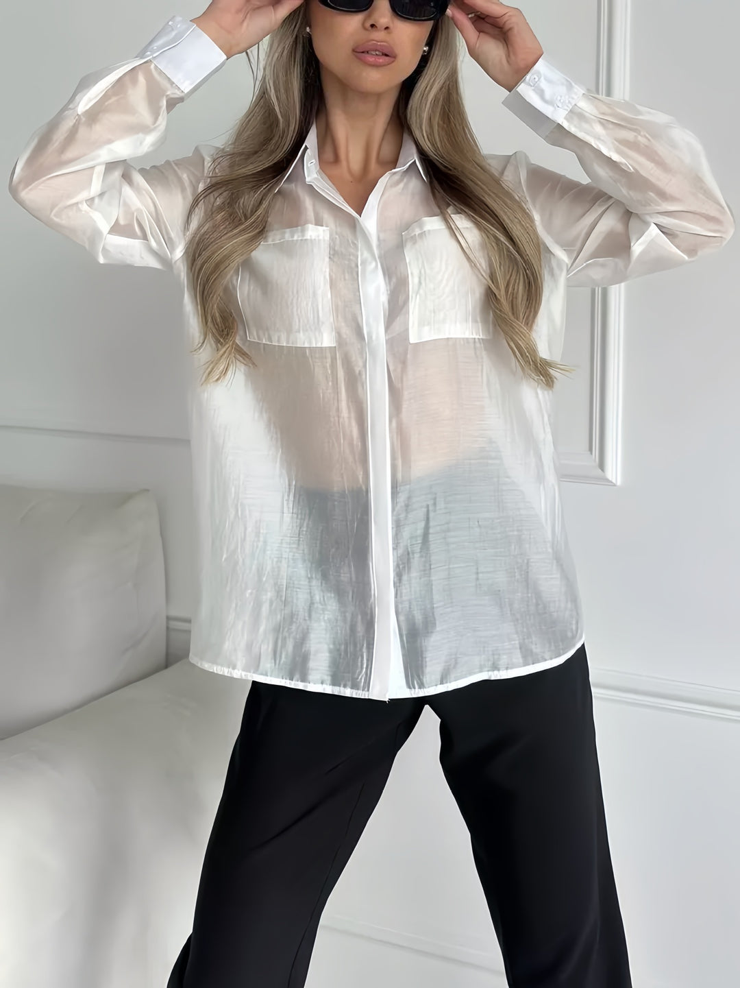 Dame Gennemsigtig Bluse med struktureret stof og påsyede lommer Stilla
