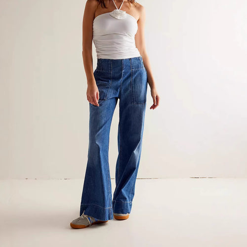 Dame bred denim-stretchbukser med høje lommer og elastisk talje Stilla