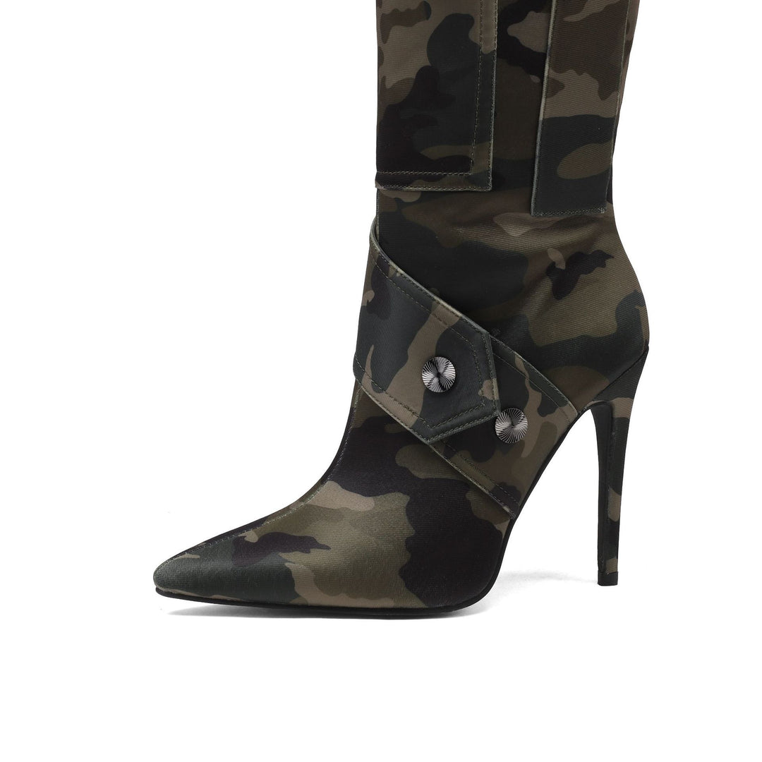Dame Over-knæ Camouflage Stiletto Støvler med dekorativt Spændedetalje Stilla