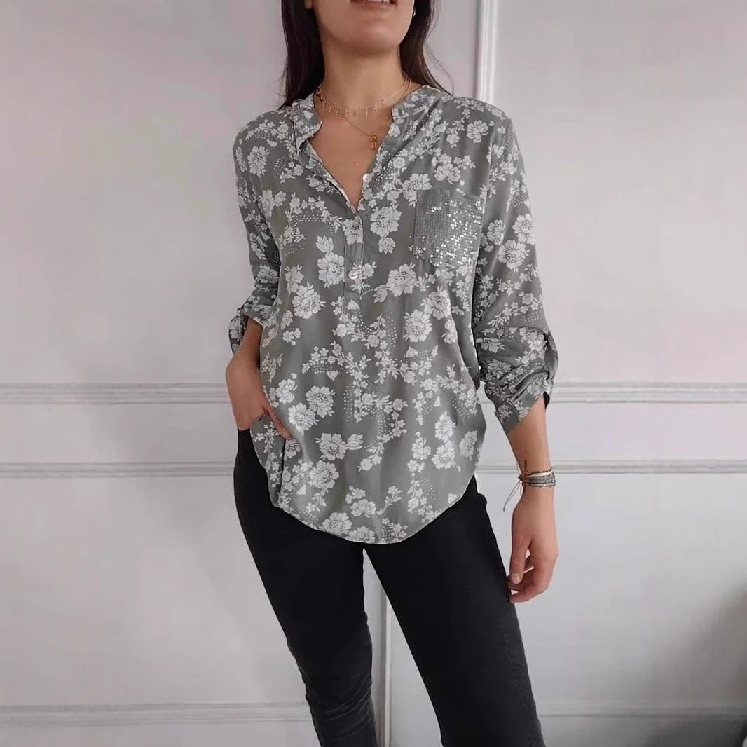 Dame Elegant Floral Knappeskjorte Stilla