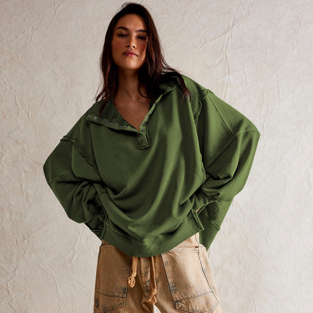 Dame afslappet sweater med trendy krave og knapstand Stilla