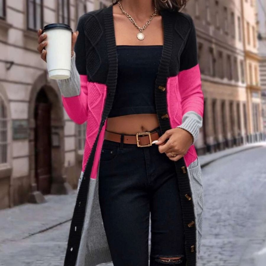 Femme Farveblok Kabelstrik Cardigan Stilla