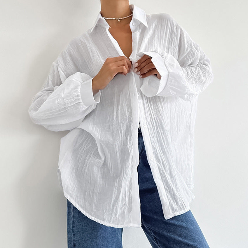Dame Oversized Skjorte bluse i let linenmix med lange ærmer og moderne snit Stilla