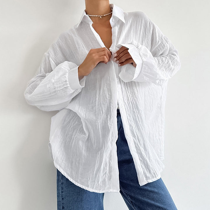 Dame Oversized Skjorte bluse i let linenmix med lange ærmer og moderne snit Stilla