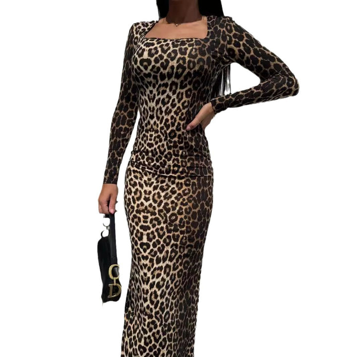 Dame Langærmet Leoparden Print Bodycon Kjole Stilla