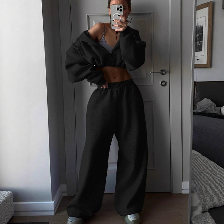 Kvindernes cropped fleece hoodie og casual joggers sæt Skovae