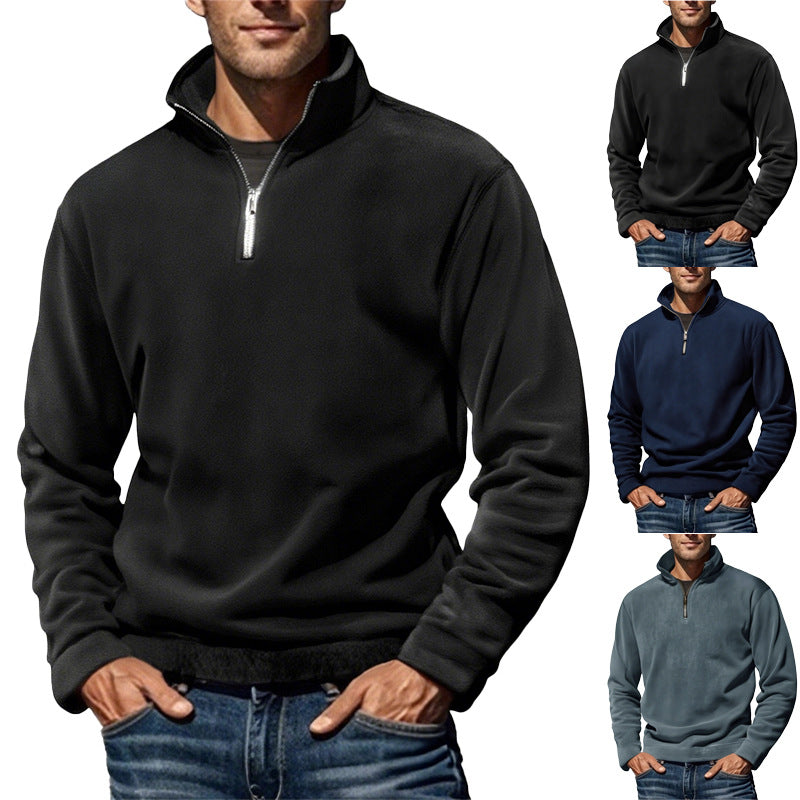 Herrer nan fleece-halvzippullover med ståkrave og ribkant Skovae