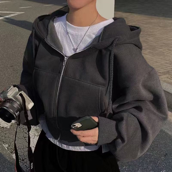 Kvindernes kortede hoodie med lynlås og afslappet stil