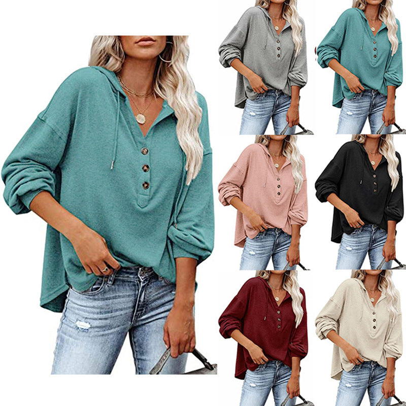 Dame afslappet hættebluse med knapstolpe og oversized snit Stilla