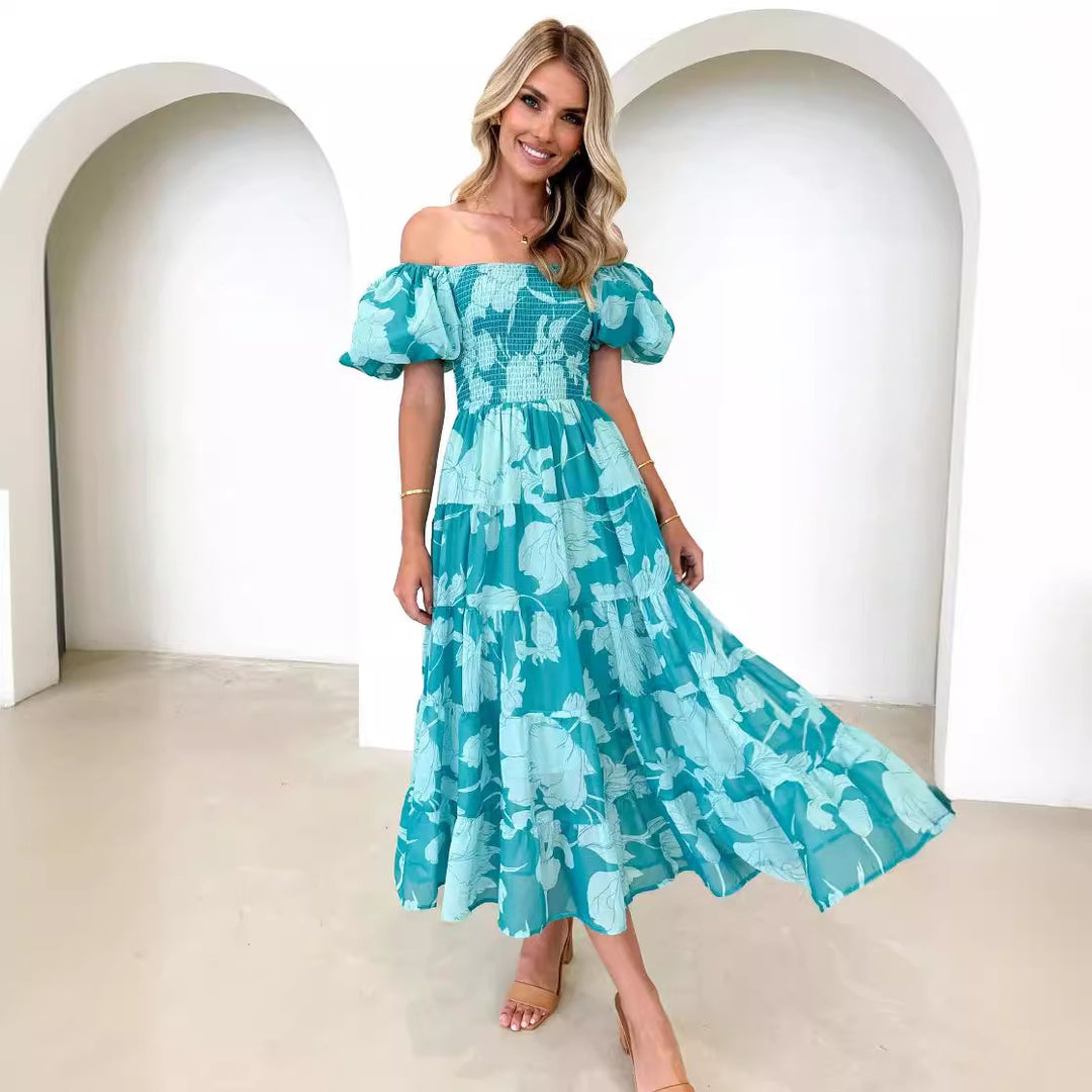 Kvinders Maxi Kjole med Puf Ærmer og Blomsterdesign Stilla