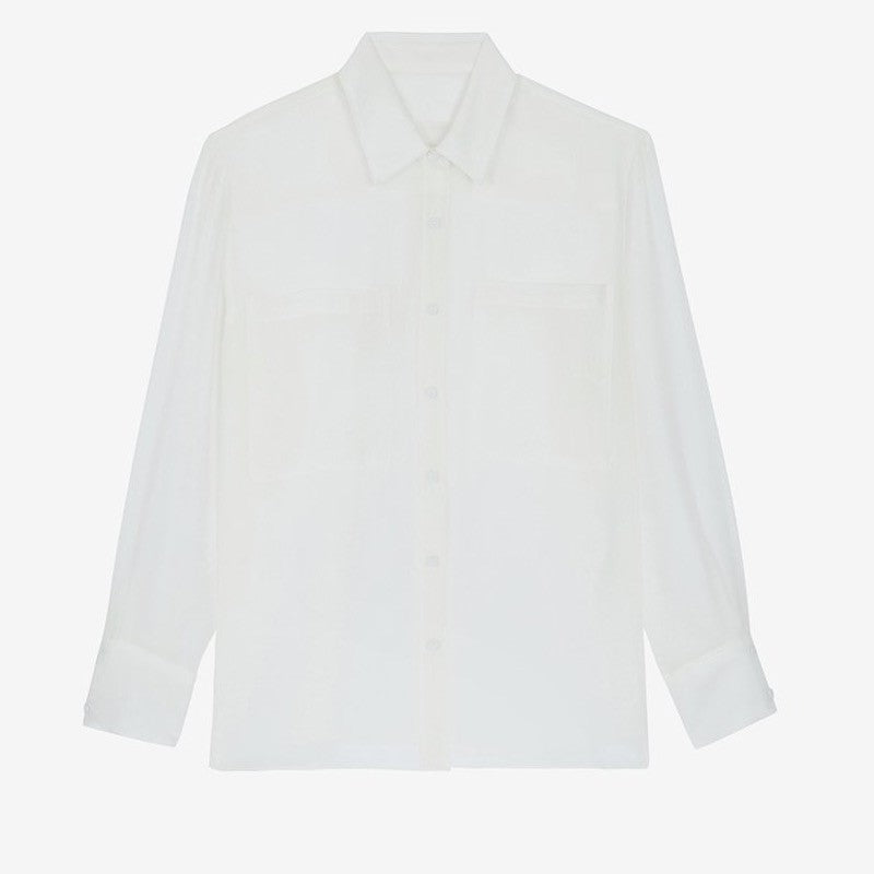 Dame gennemsigtig bluse med klassisk krave og dekorative lommer Stilla