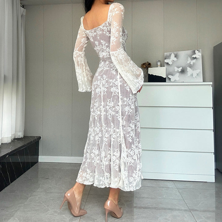 Dame Elegant Maxikjole med detaljeret spidsarbejde og gennemsigtige ærmer Stilla
