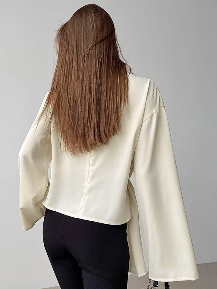 Dame Elegant Ståkrave Top med smart Drapering og bred Snit Stilla