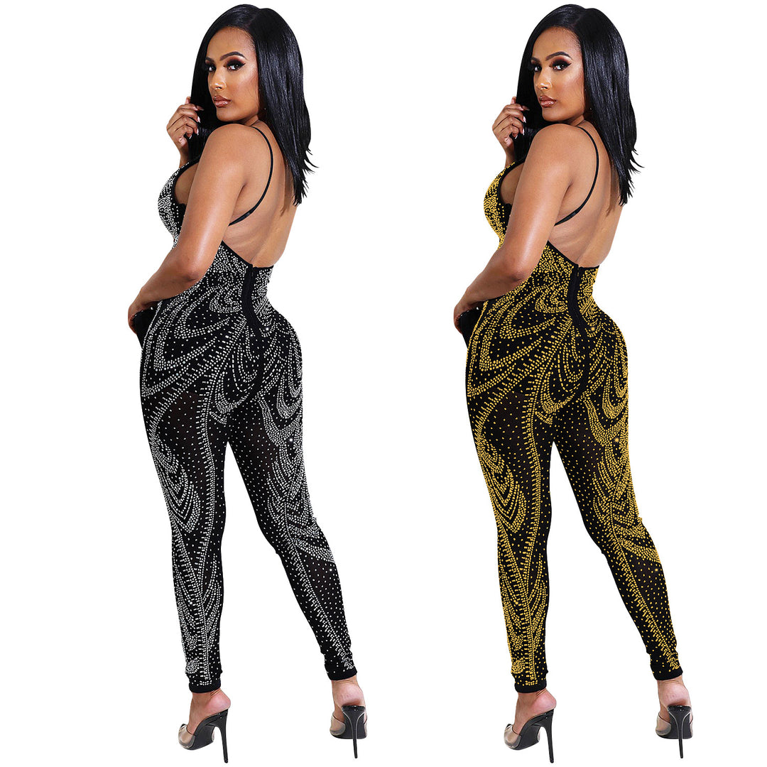 Dame Funklende Jumpsuit med gennemsigtigt design og luksuriøse rhinestones dekorationer Stilla