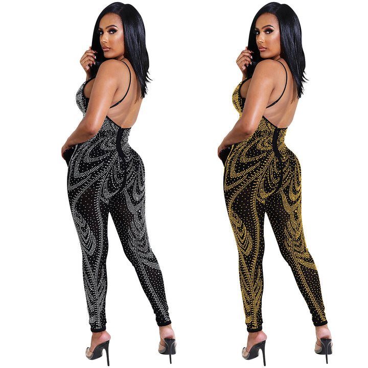 Dame Funklende Jumpsuit med gennemsigtigt design og luksuriøse rhinestones dekorationer Stilla