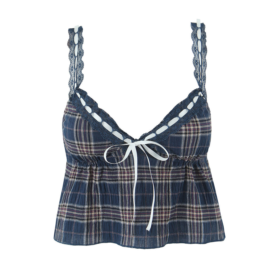 Dame spids-crop-top med ternet design og legende flæsedetaljer Stilla