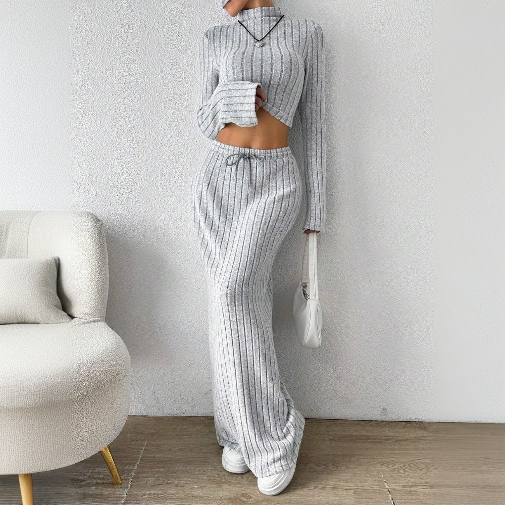 Damer Langærmet Crop Top og Maxi Skirt Sæt med Elegant Ribbet Tekstur Stilla