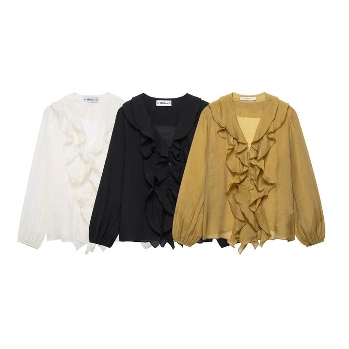 Femme Rufflesilke bluse med knaplukning Stilla