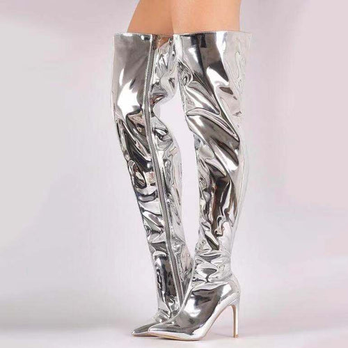 Dame High Heels Overknee Støvler med glinsende overflade og spids tå område Stilla