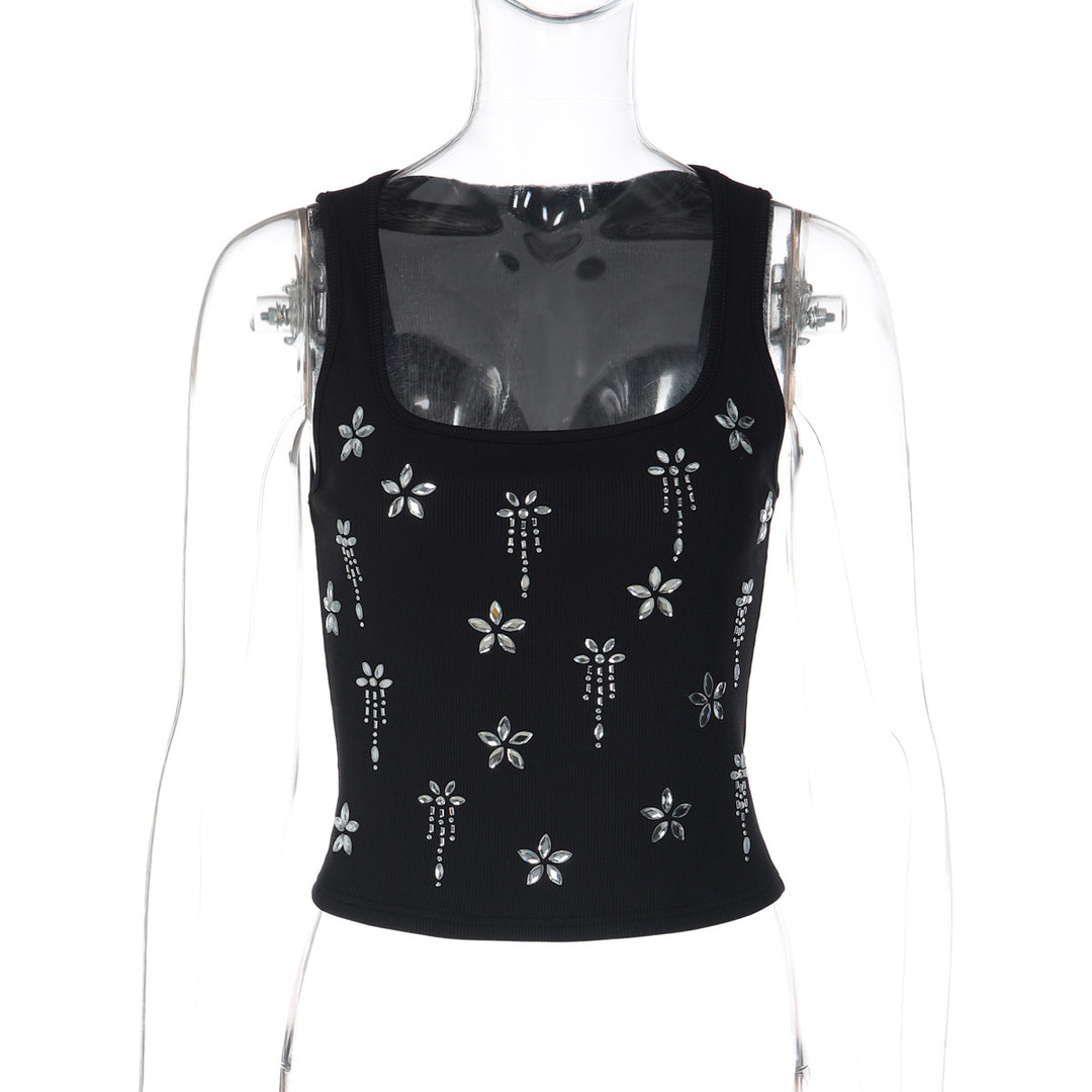 Damer Elegant Cropped Top med blomster rhinestone detaljer Skovae