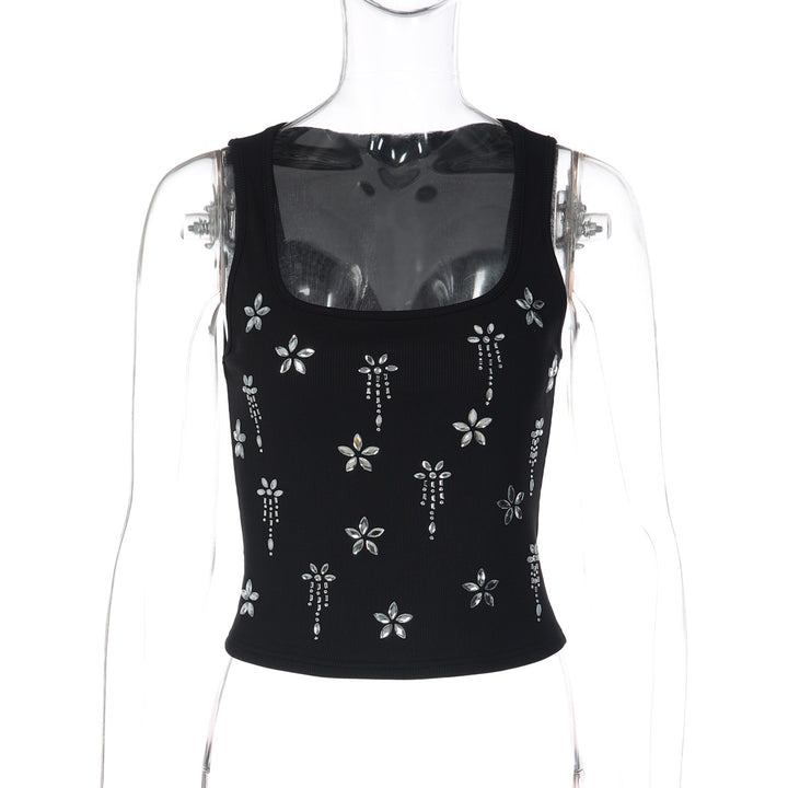 Damer Elegant Cropped Top med blomster rhinestone detaljer Skovae