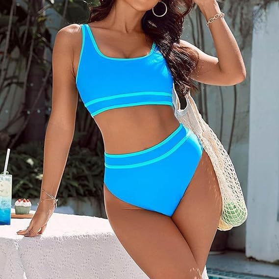 Dame sportsy bikini-sæt med højt skåret underdel og sporty overdel Skovae