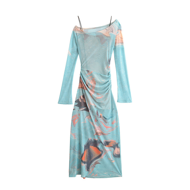 Dame Maxikjole med elegant draperingsdesign og unik marmoreringseffekt Stilla