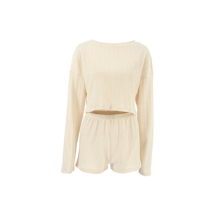 Dame hyggeligt strik sæt med bredt cropped top og shorts Stilla