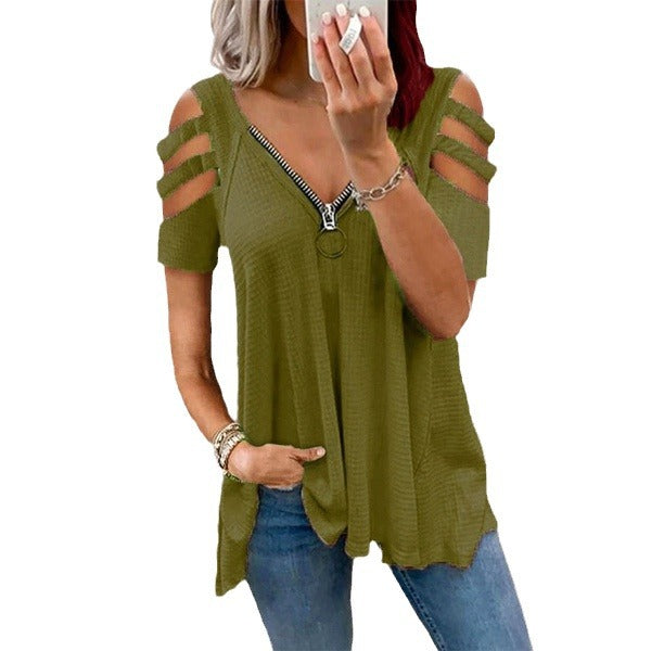 Dame T-shirt med dekorative cut-outs og lynlåsdetalje Stilla