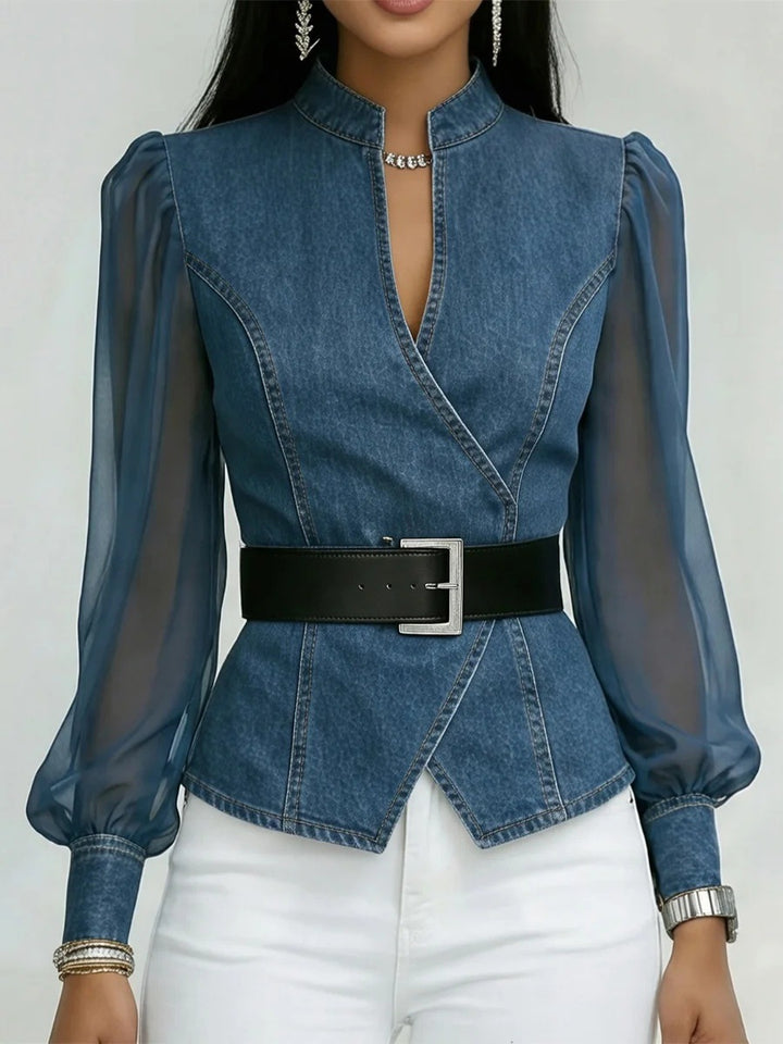 Kvindernes jeans bluse med gennemsigtige ærmer og skræddersyet design Skovae