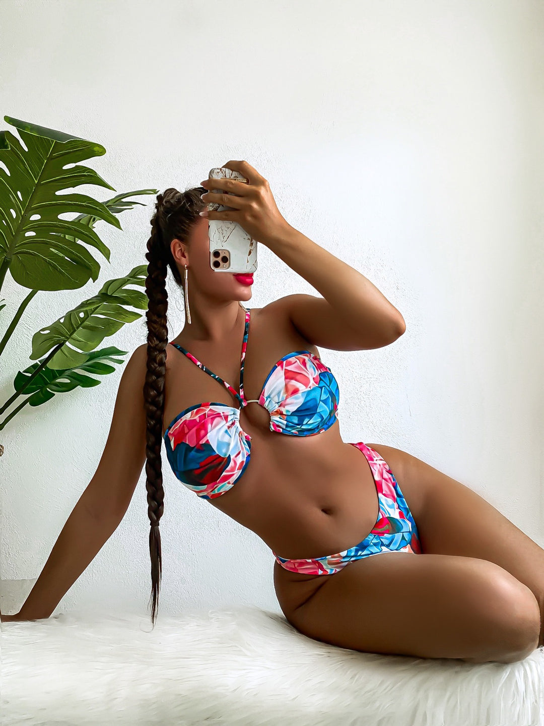 Dame Elegant Blomster-Bikini med Rynker Skovae
