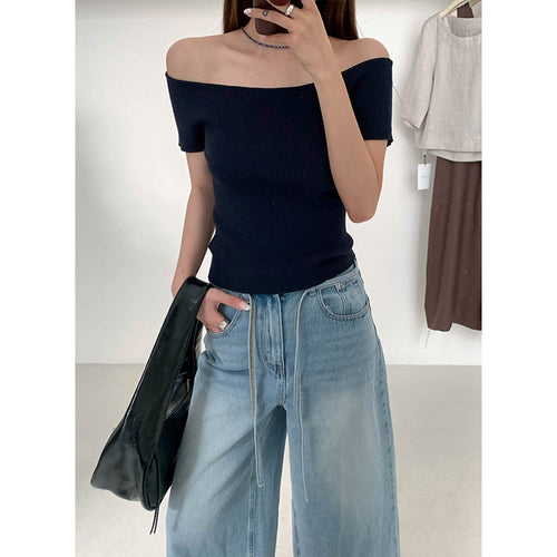 Dame Off-Shoulder Strikoberteil med fin ribstruktur Stilla