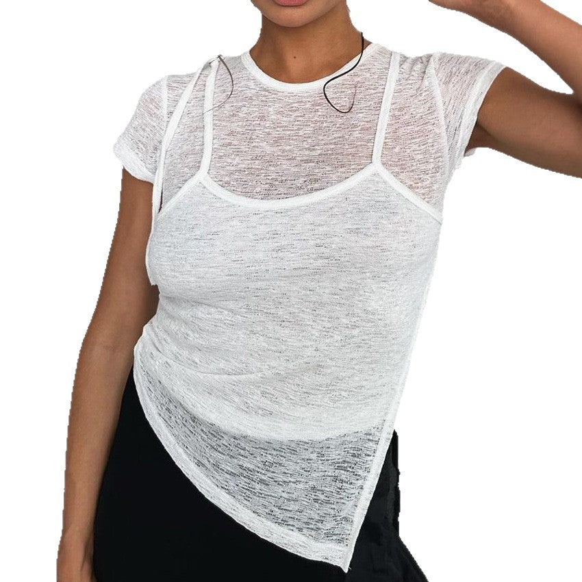 Dame asymmetrisk T-shirt med gennemsigtigt stof og moderigtigt snit Stilla