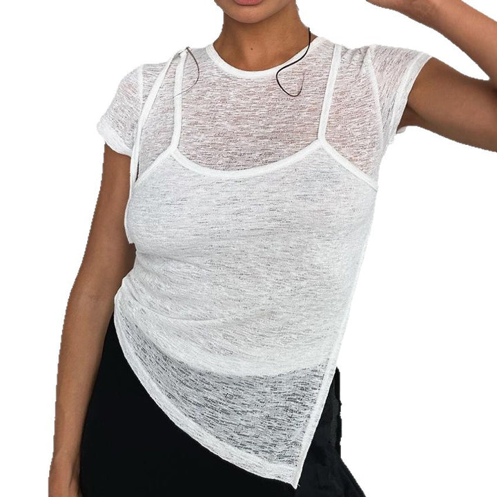 Dame asymmetrisk T-shirt med gennemsigtigt stof og moderigtigt snit Stilla