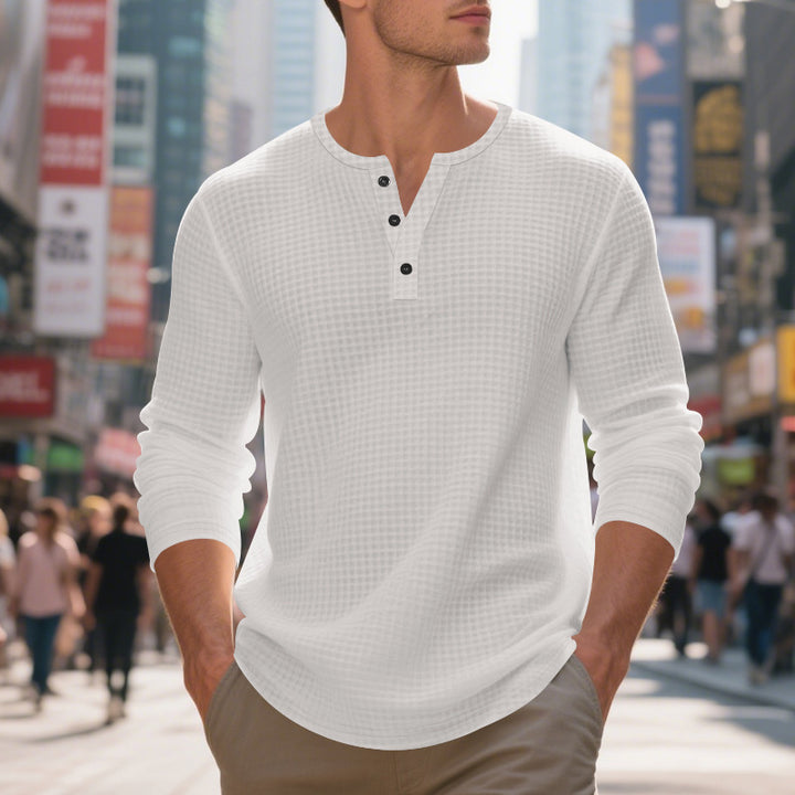 Herrer langærmet Henley-shirt med struktureret vaffelmønster Stilla