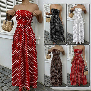 Dame maxikjole med strapless design og prikkemønster Skovae