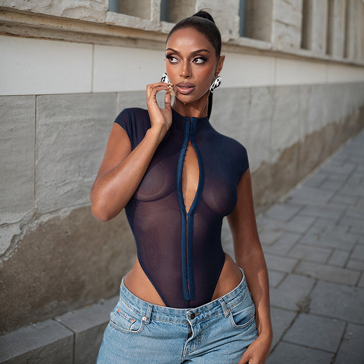 Dame Gennemsigtig Bodystocking med Lynlås og Figurformende Design Skovae