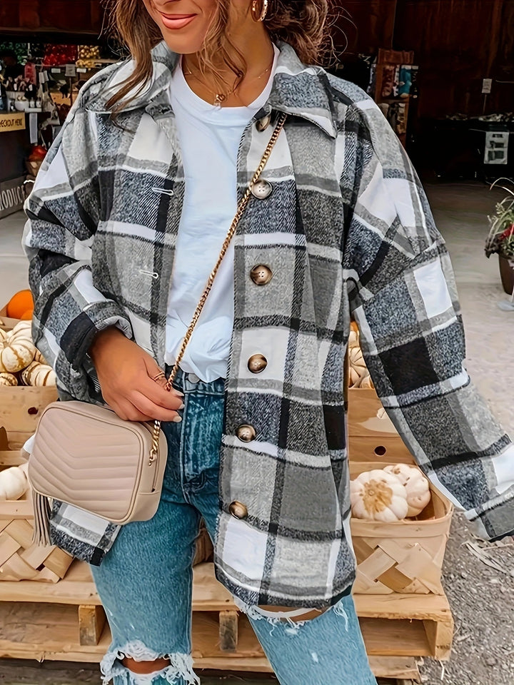 Dame Tjekket Flanneljakke med Knapdetaljer og Casual Snit Stilla
